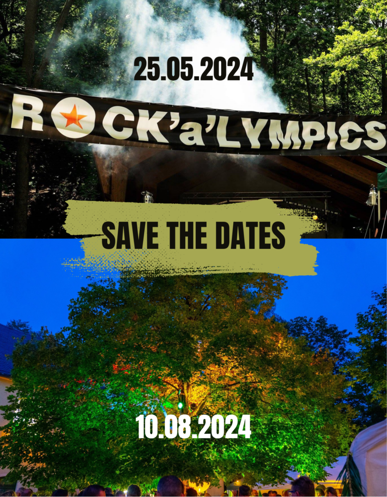 Save the dates, Bild des Rock'a'lympics Banner, Termin 25.5.24 und Bild von der Linde, Lindenfest Termin 10.08.24