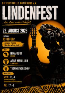 Poster des Lindenfests
22. August 2026
Einlass 19 Uhr
an der Tenne Niederwürschnitz
VVK: 15€ (Bibliothek Lugau, Gemeinde Niederwürschnitz)
AK: 17€